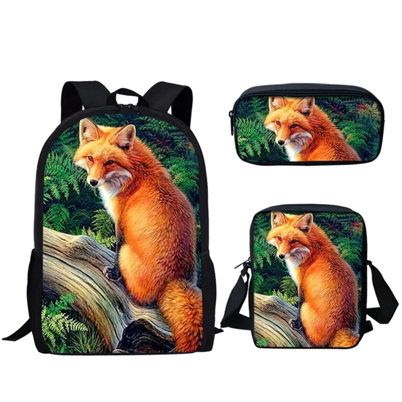 Criativo Cool Fox Print School Bag Set, mochila do estudante, mochila para laptop, lancheira, saco de lápis, adolescente mochila casual diária, 3pcs