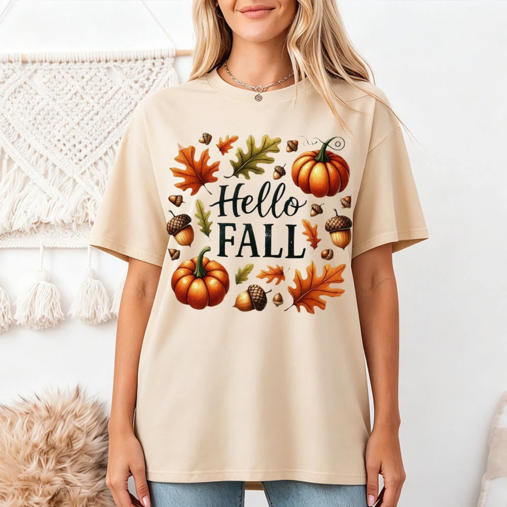 Hello Fall Acorn Graphic Beige T-Shirt für Damen, T-Shirt mit Kürbisblatt-Print, gemütliche Alltagskleidung, saisonales Herbst-Oberteil