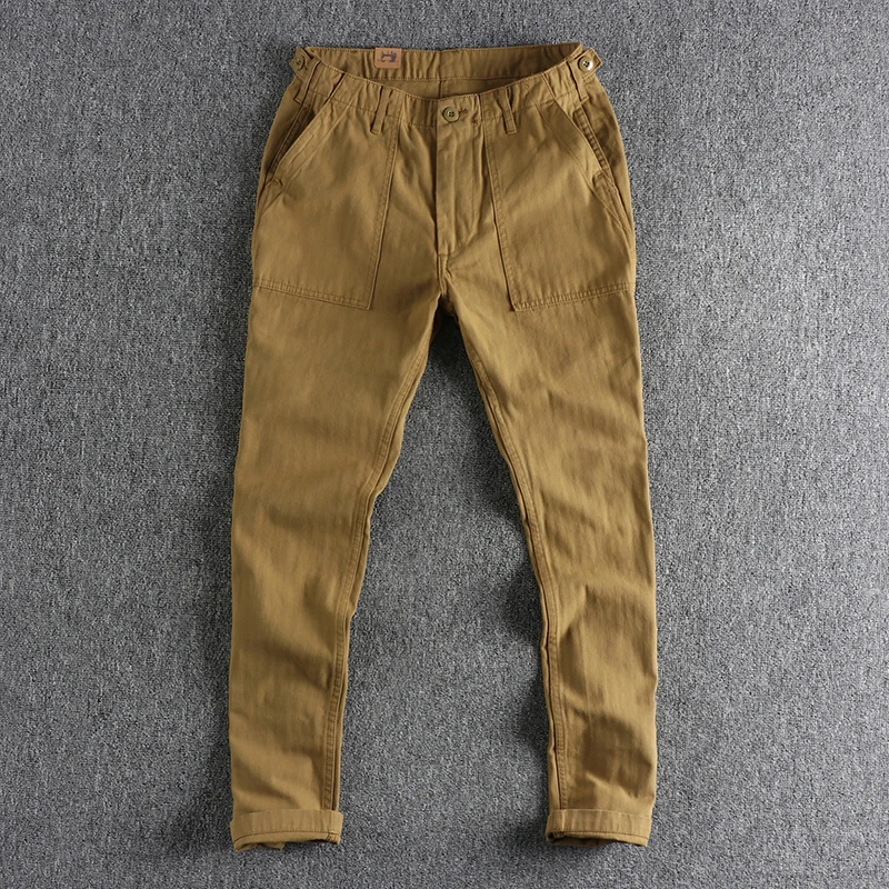 Spring Autumn New American Retro Fishbone Woven Cargo Pants Men\'s Simple Pure Cotton Washed Old Straight Casual Tapered Trousers