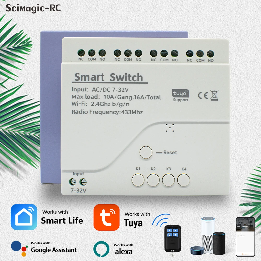 Modul Saklar Wifi Kontrol Jarak Jauh Tuya Smart 4CH DC 12V 24V 32V 110V 220V Inching Self-locking RF433 Penerima Relay 4 Jalur Alexa