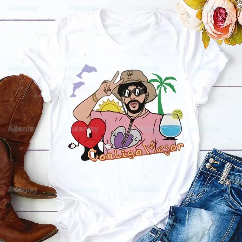 Bad Bunny Out Verano Sin تي شيرت للنساء ، قمم قاعدة مضحكة ، تي شيرت للصيف ، تو نو إريس ، بيبوتا ، س الرقبة