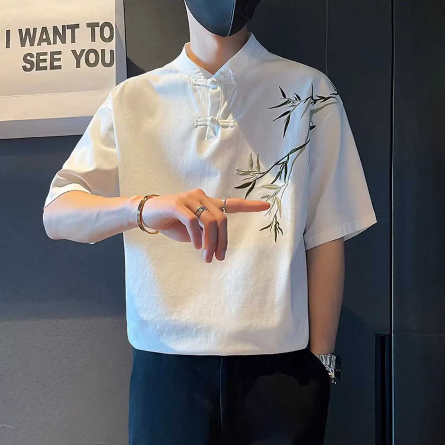 

Short Sleeve Male Shirts Bamboo Embroidery Men's Shirt New In With Sleeves Aesthetic Cotton High Quality Luxury Casual Clothing