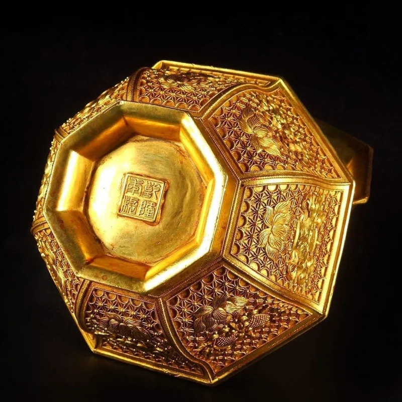 Vintage -Plated Treasures Gold Buddhist Eight Auspicious Symbols Bowl Diameter 11cm