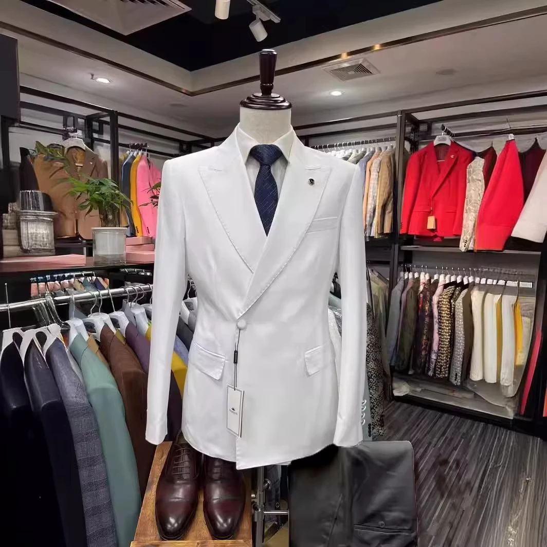 

Slim Fit Men Suits For Wedding 2 Pcs Peak Lapel Jacket With Pants Double Breasted Button Groom Tuxedo Stock XS-3XL