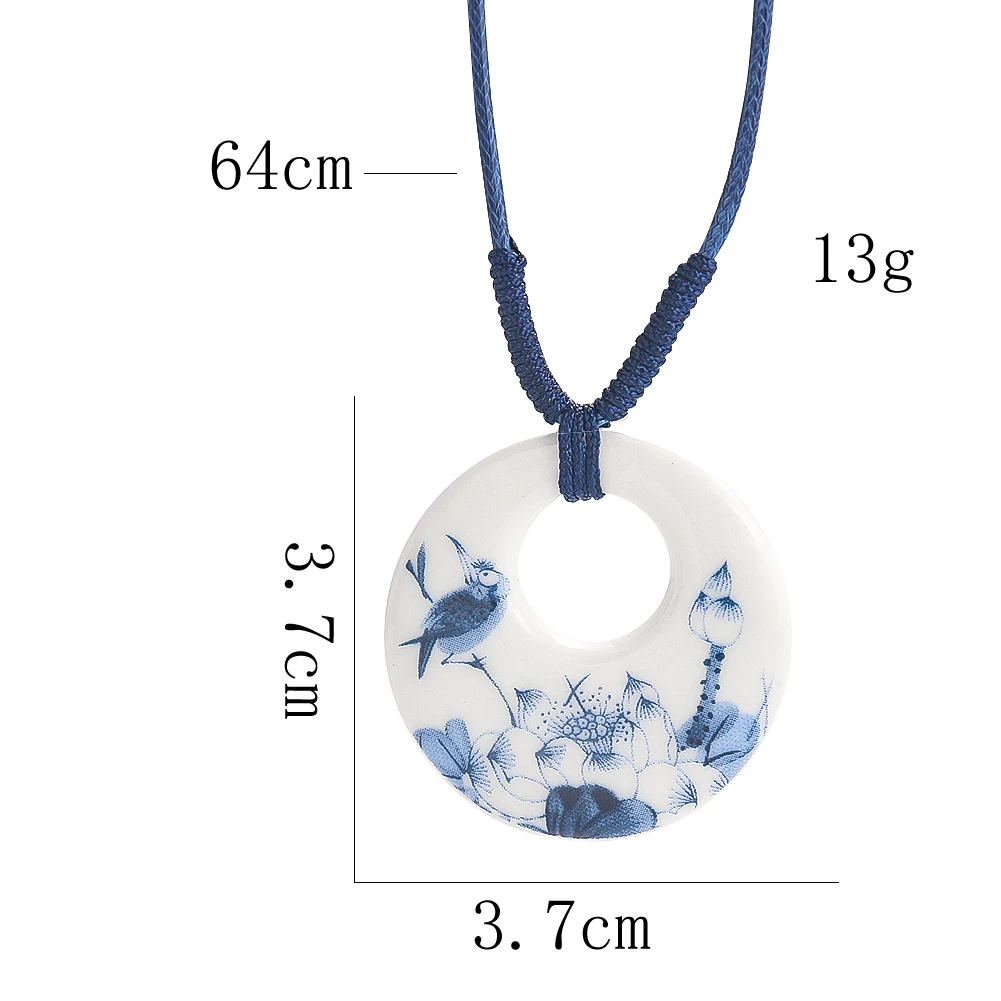 Chinese Blue and White Round Porcelain Ceramic Pendant Necklace for Women Butterfly Flower Lucky Charms Handmade Ethnic Jewelry