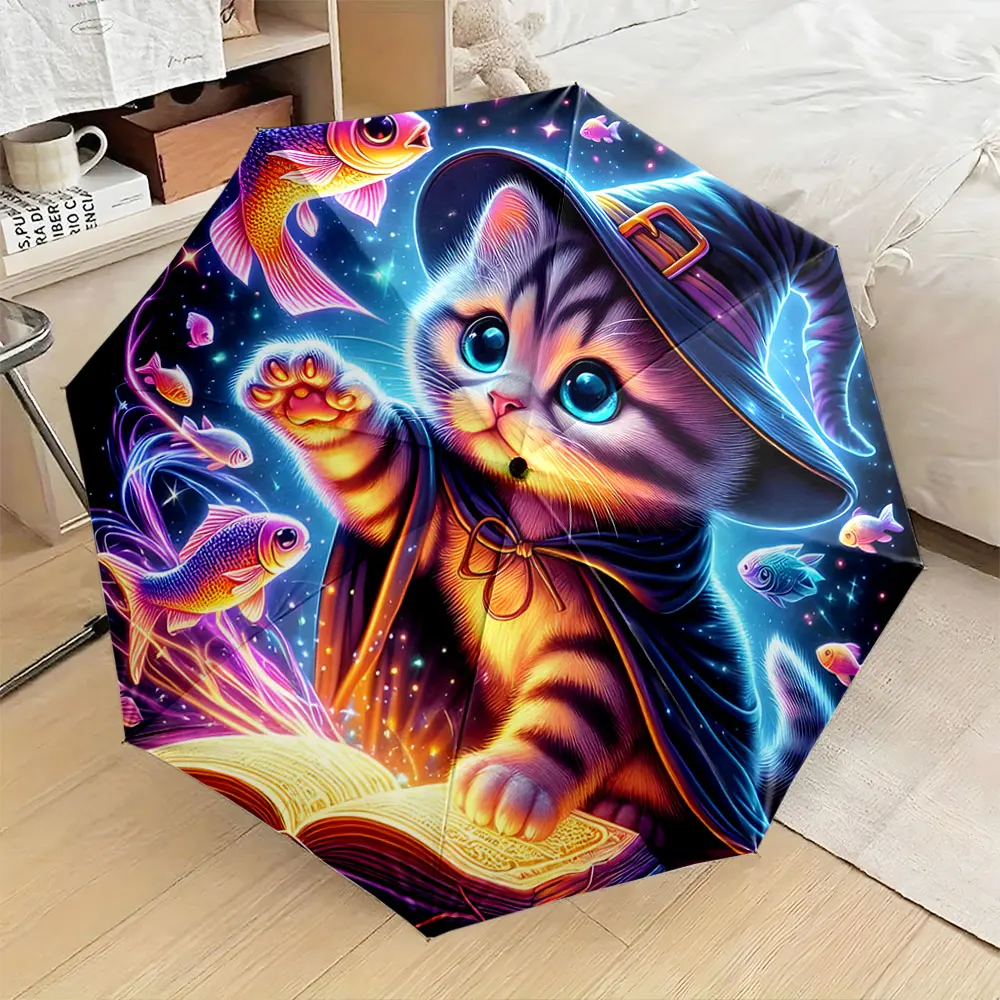 1PC Wizard Cat with Magical Fish Design on an Umbrella Print 8 Iron Ribs Folding Umbrella Auto-Open Fashion Sunshade