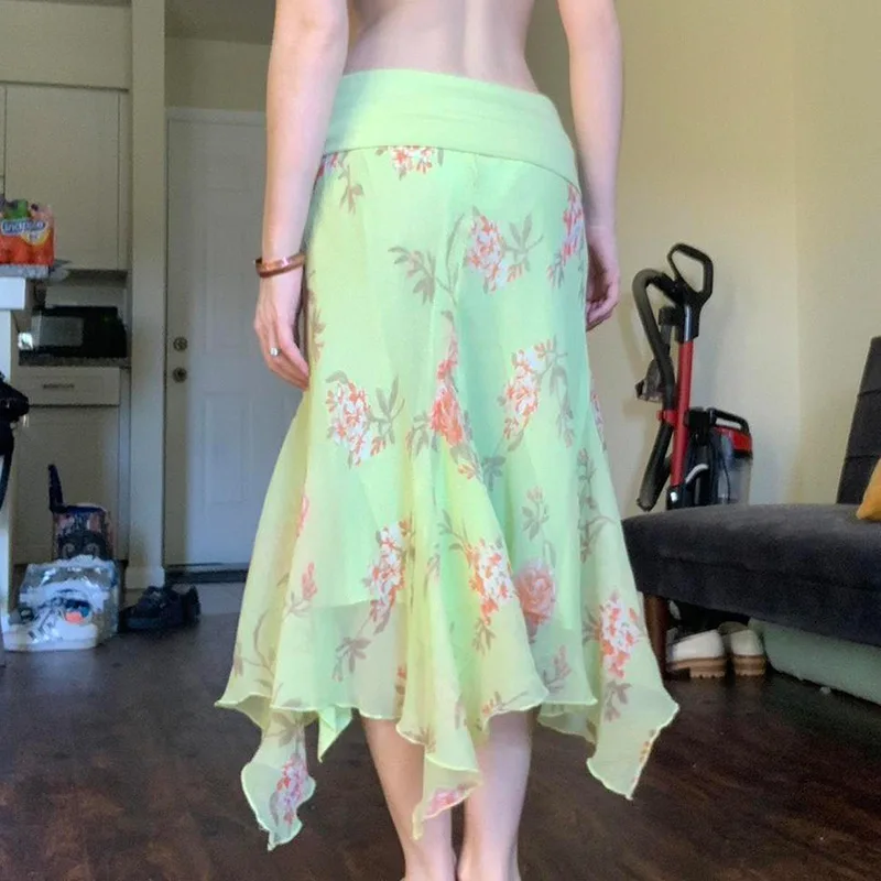 포레스트 스타일 소녀의 휴가 드레스, 여성용 프린트 메쉬 하프 스커트, 로우 웨이스트 불규칙 롱 스커트