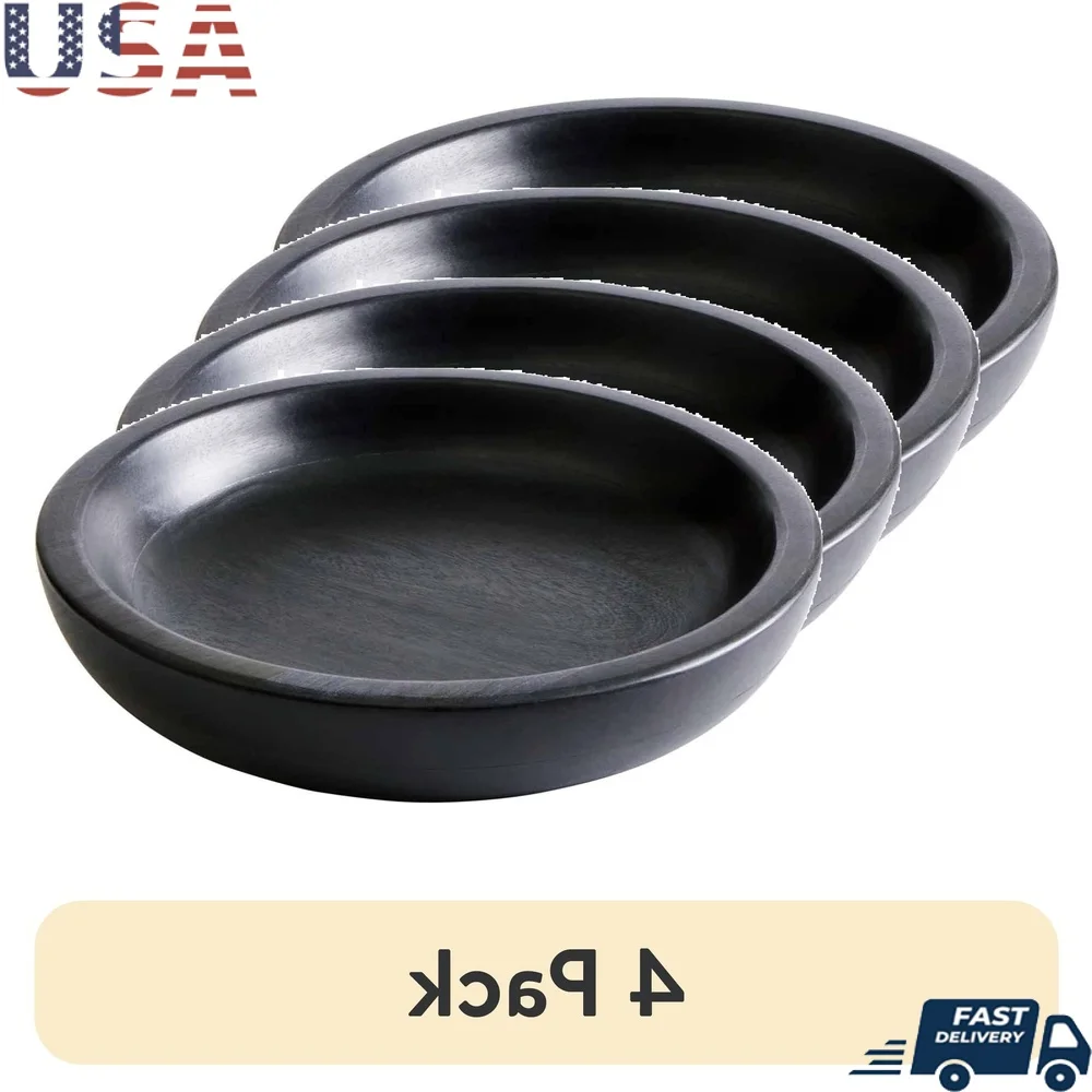 

Large Low Wood Serving Bowl Set of 4 Durable Black Stoneware Ideal Salads Pasta Snacks Dishwasher Safe Modern Design