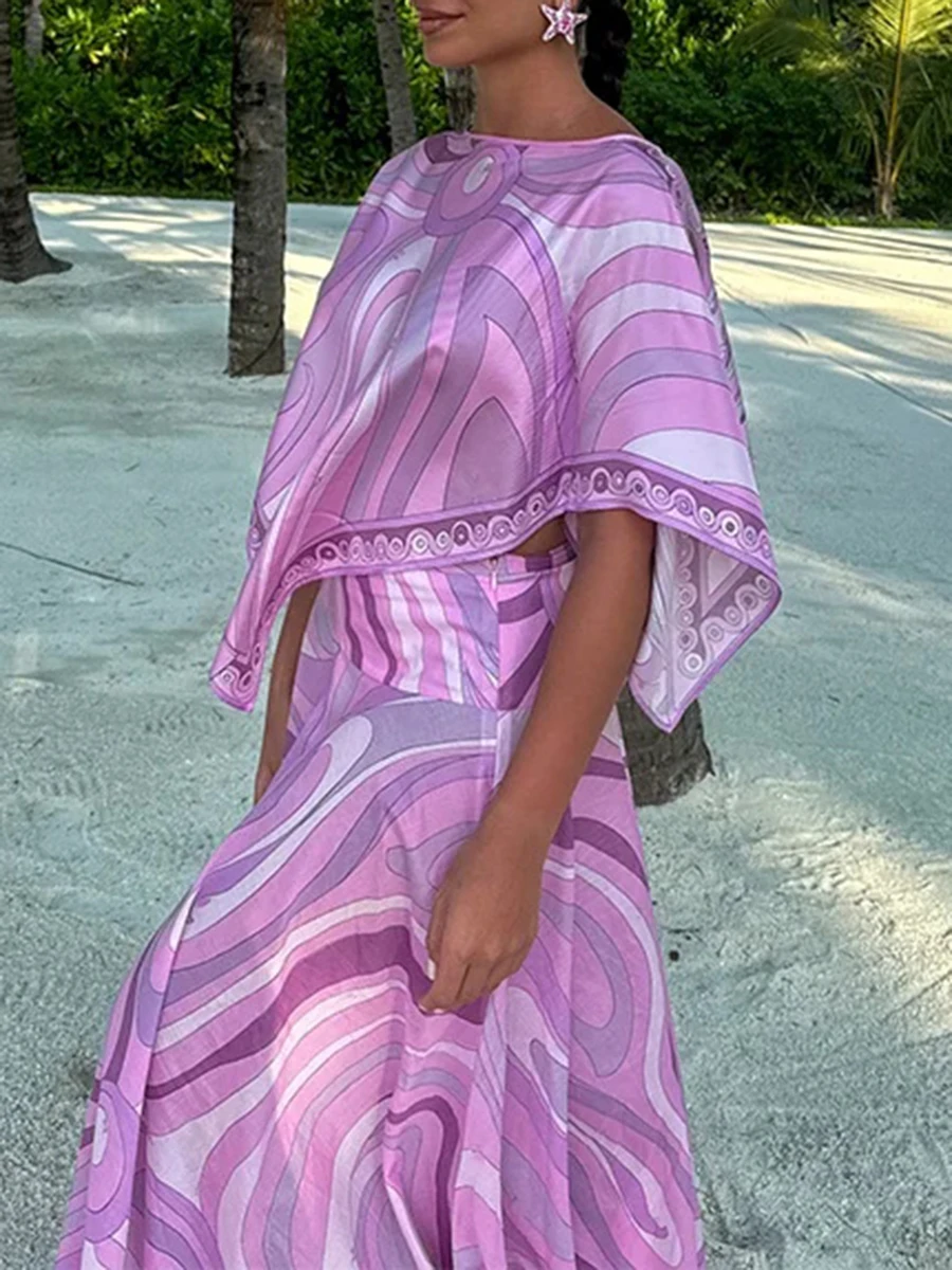 TWOTWINSTYLE Holiday Elegant Printing Two Piece Set for Women O Neck Short Sleeve Top High Waist Maxi Skirt Suit Female Style - Image 2