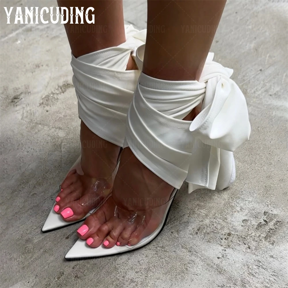 

White Satin Strappy Sandals Pointed Pvc Stilettos Sexy High Heel Sandals for Women Elegant Summer High Heels Customizable Colors