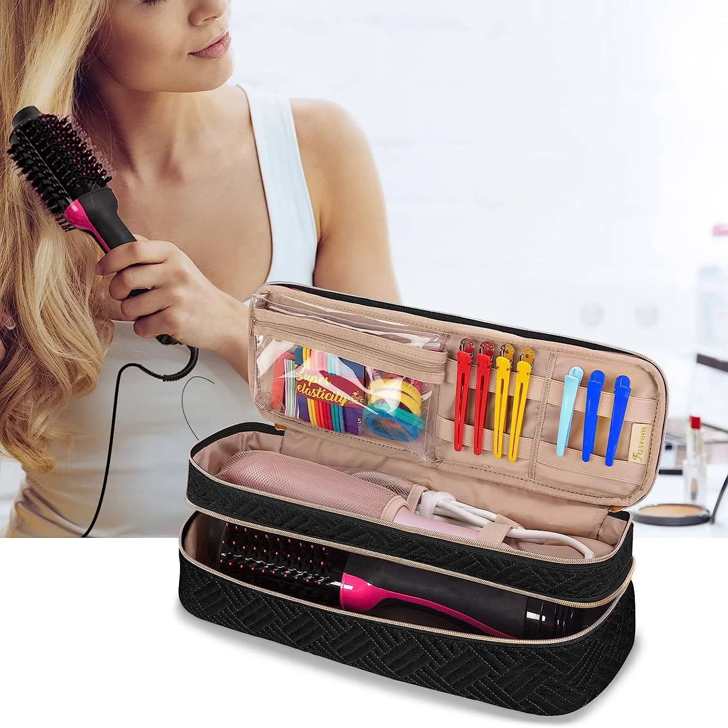 Estuche de transporte de doble capa aplicable al secador de pelo Revlon de un solo paso, bolsa de viaje para voluminizador de cabello/Styler (solo bolsa)