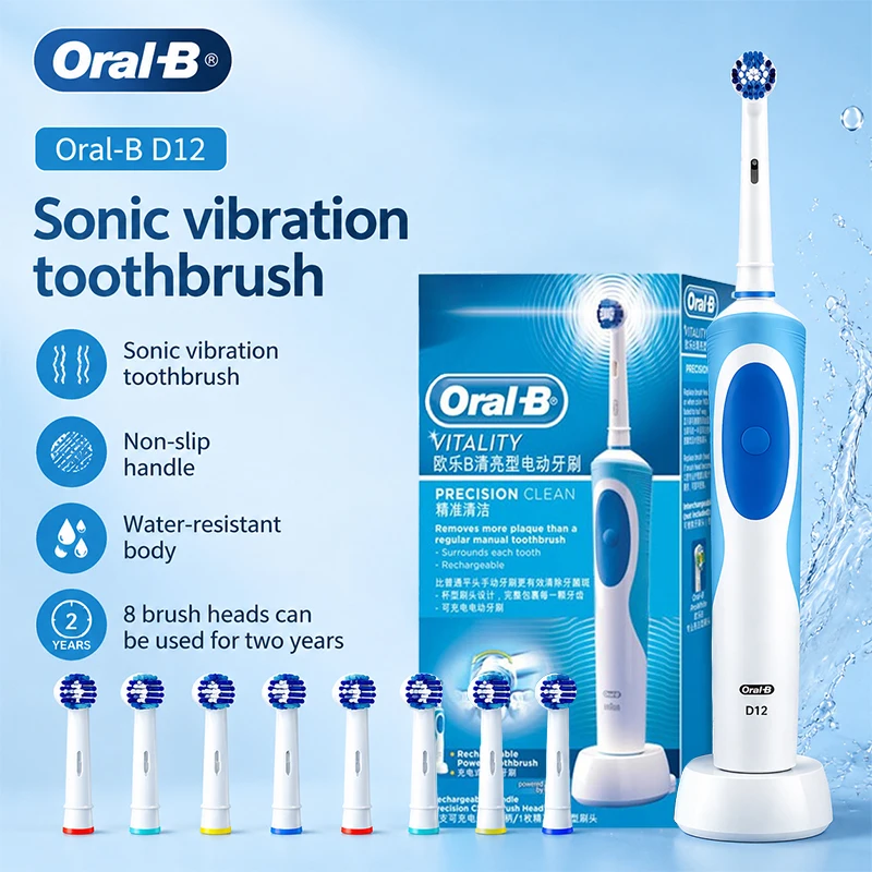 Oral-B D12 Electric Toothbrush Full Waterproof Body Anti-Slip Grip Deep Clean Comes With 8 Brush Heads For Up To 2 Years Of Use
