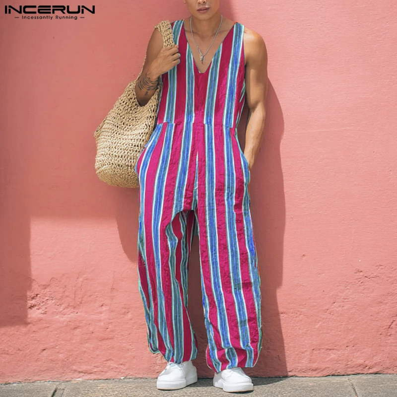 

INCERUN Men Jumpsuits Striped V Neck Sleeveless Casual Male Rompers Streetwear Loose Vacation Summer Fashion Male Overalls S-5XL