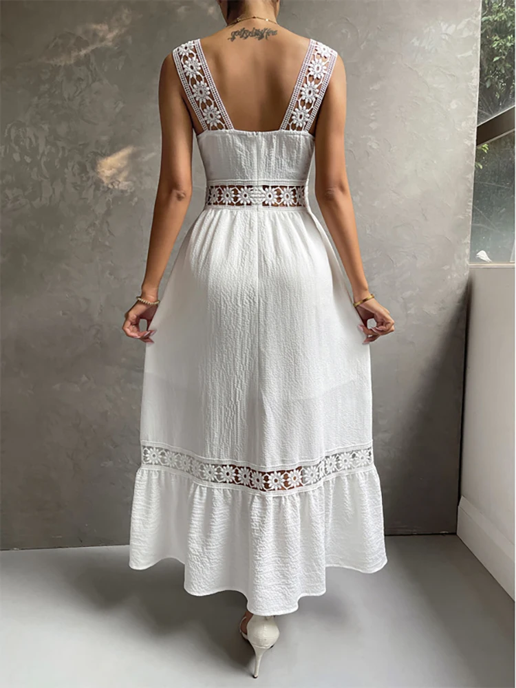 Boho White Dress Women Sexy Midi Dress Female Hollow Out Elegant Off Shoulder Beach Dress Ladies Fashion Square Collar Dress