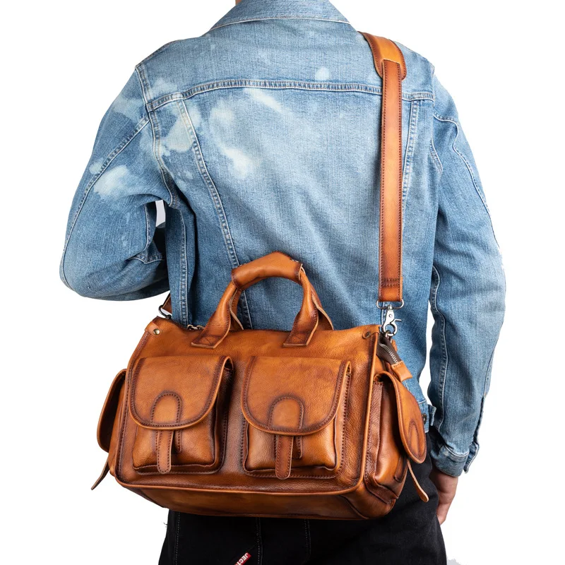 Vintage Natural Cowhide Leather Men's Briefcase Laptop Handbag Casual Genuine Leather Tote Bag Large Capacity Messenger Bag