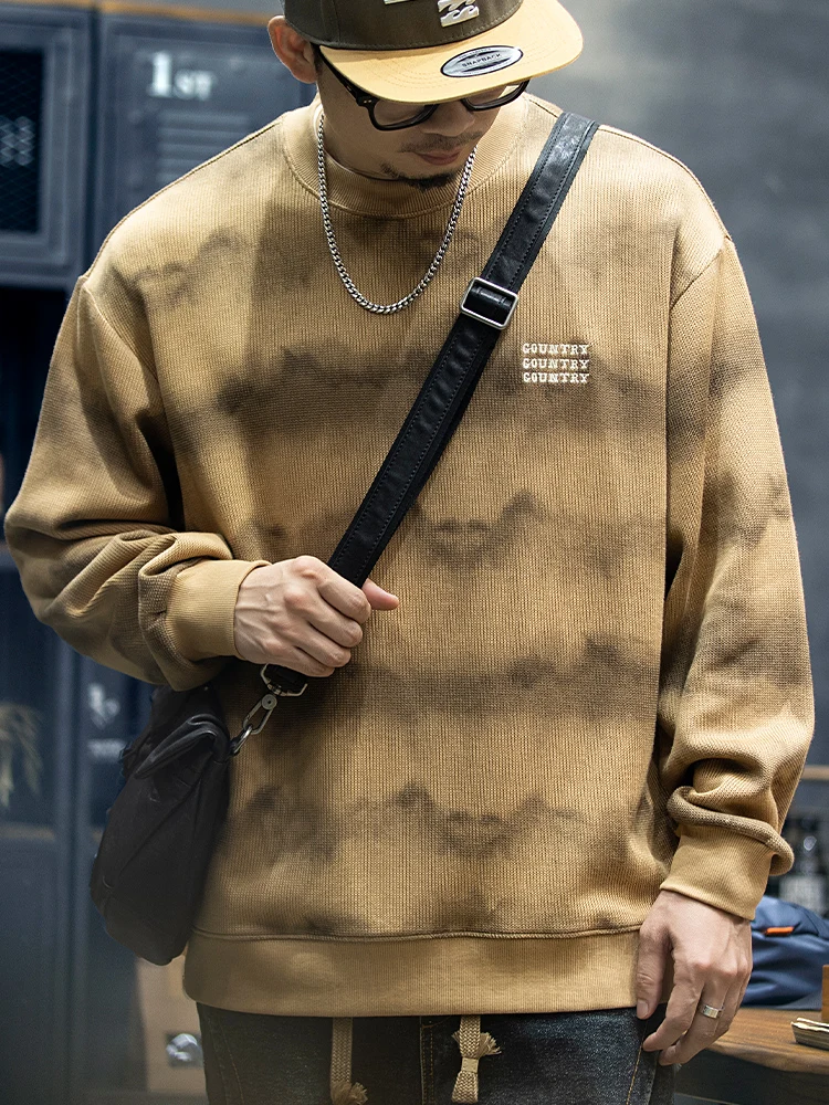 American Retro Wave Pattern Men's Sweatshirt Loose Long Sleeve round Neck Embroidered Casual Fashion Urban Style Autumn Top