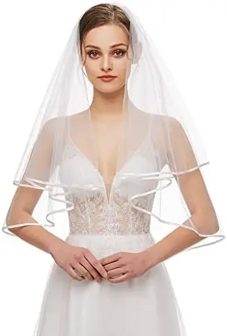 Véu de noiva feminino simples tule curto véu de casamento borda de cetim com pente para festa de despedida de solteira de casamento
