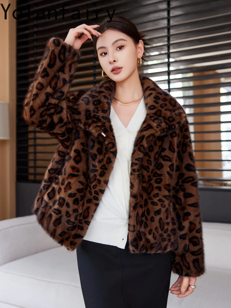 YOLANFAIRY Top Quality Mink Real Fur Coat Woman Winter Short Fashion Leopard Fur Jacket Lapel Warm Fur Coats and Jackets Abrigos