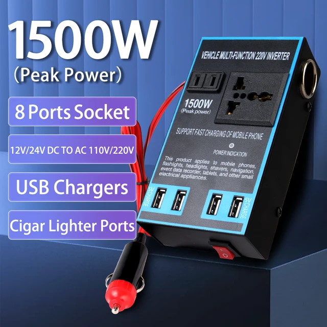Przetwornica samochodowa DC 12V na AC 110V 24V na AC 220V z szybkim ładowaniem, gniazdo zapalniczki, ładowarki USB, gniazda, adapter zasilania, konwerter