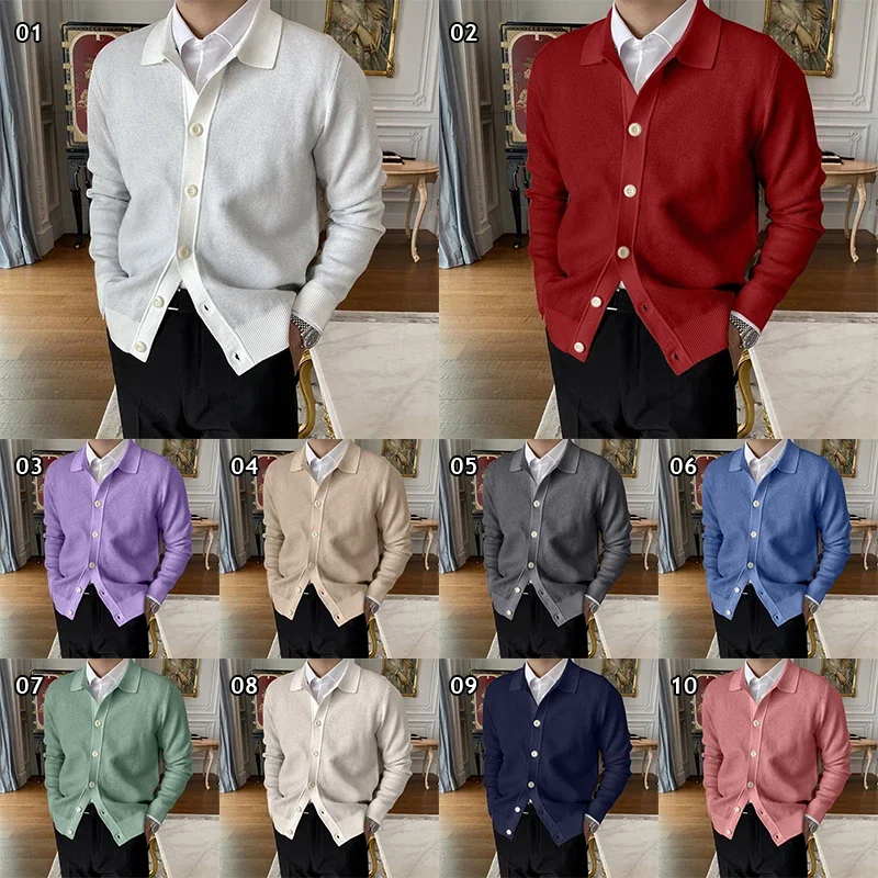 Korean Men's Button Knit Cardigan Japanese Fashion Casual Loose Lapel Shirt Coat Pinkycolor Long Sleeve Thin Outer Sweater