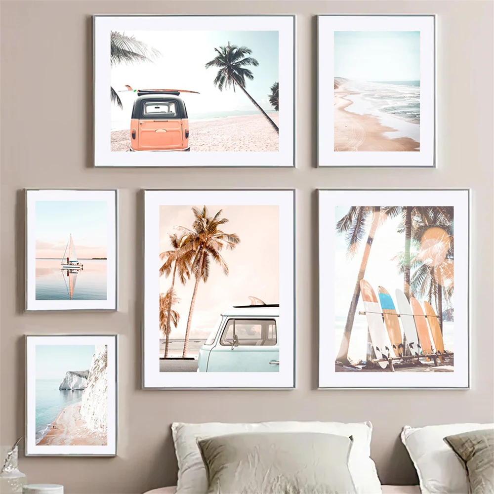(No frame)Playa, árbol de coco, coche, tabla de surf, paisaje marino, cuadro sobre lienzo para pared, carteles nórdicos e imp