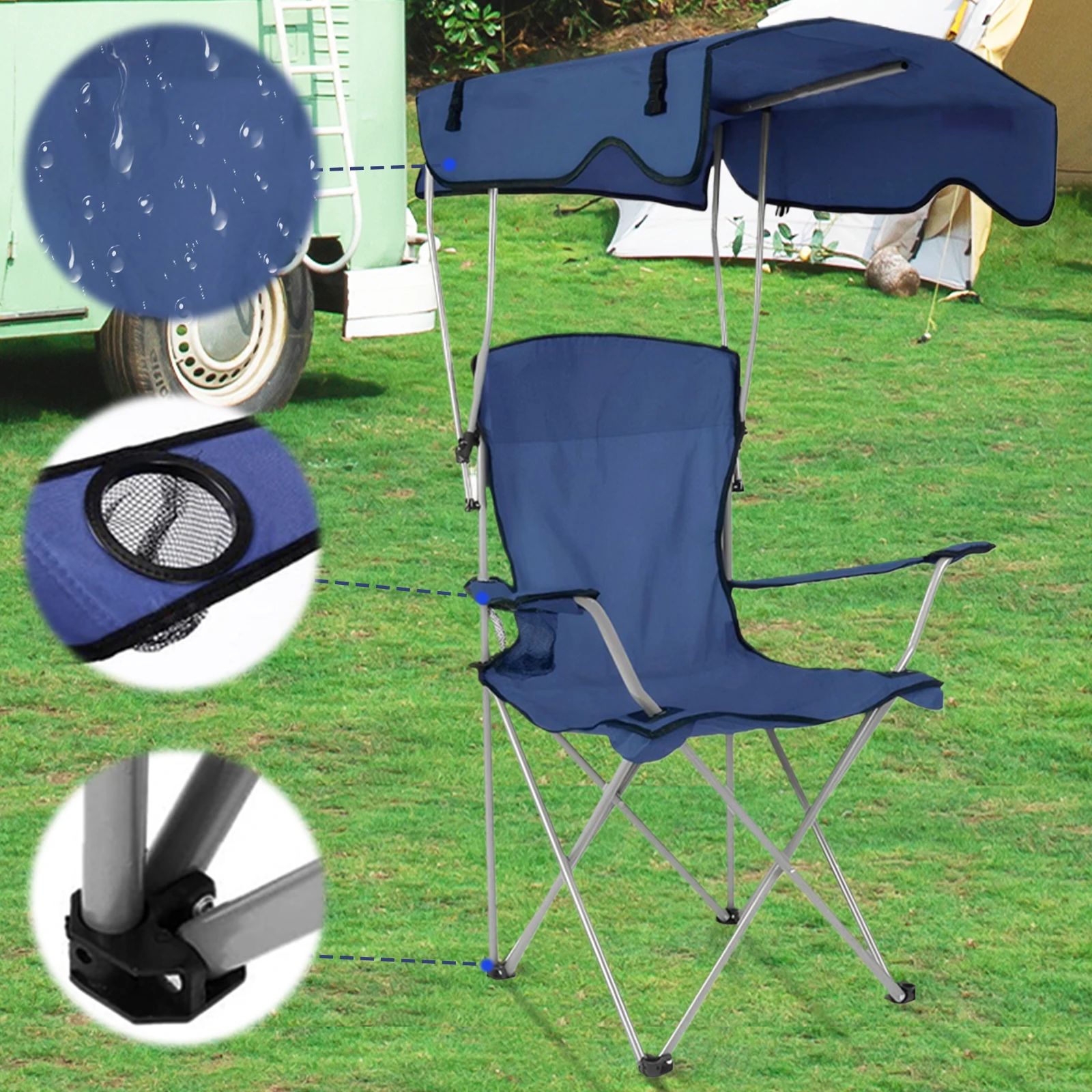

Large Camping Lawn Chair with Ceiling & Cup Holder Folding Fishing Chair Waterproof Portable Sunshade Chair for Poolside Travel