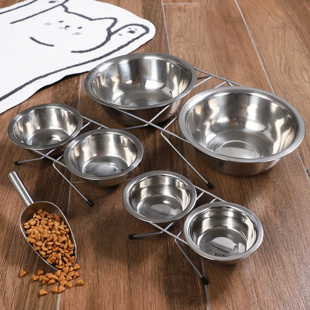 1pc S/M/L Stainless Steel Floor-standing Pet Double Bowl Fall-proof & Durable‌ Line Iron Frame Feeder Dog Bowls for Pet Dogs Cat