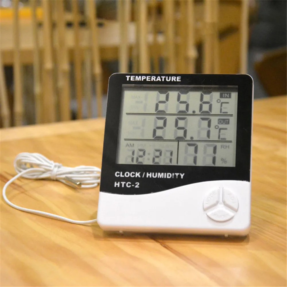 LCD Digital Temperature Humidity Meter HTC-2 Home Indoor Outdoor hygrometer thermometer Weather Station with Clock