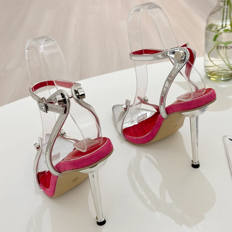Eilyken Summer Gold Silver Rivet Design Buckle Strap Women Sandals Sexy Open Toe Stripper Thin Heels Shoes Zapatos Mujer