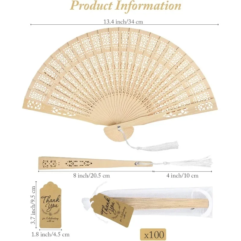 100 Pieces Wooden Folding Fan Sandalwood Folding Hand Fan Openwork Vintage Chinese Fan with White Tassel, Bag