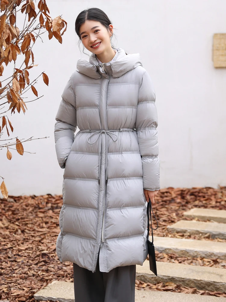 Thicken Winter Goose Down Jackets For Women 95% Down Solid Color Drawstring Hooded Puffer Coat Mid Length Warm Overcoat