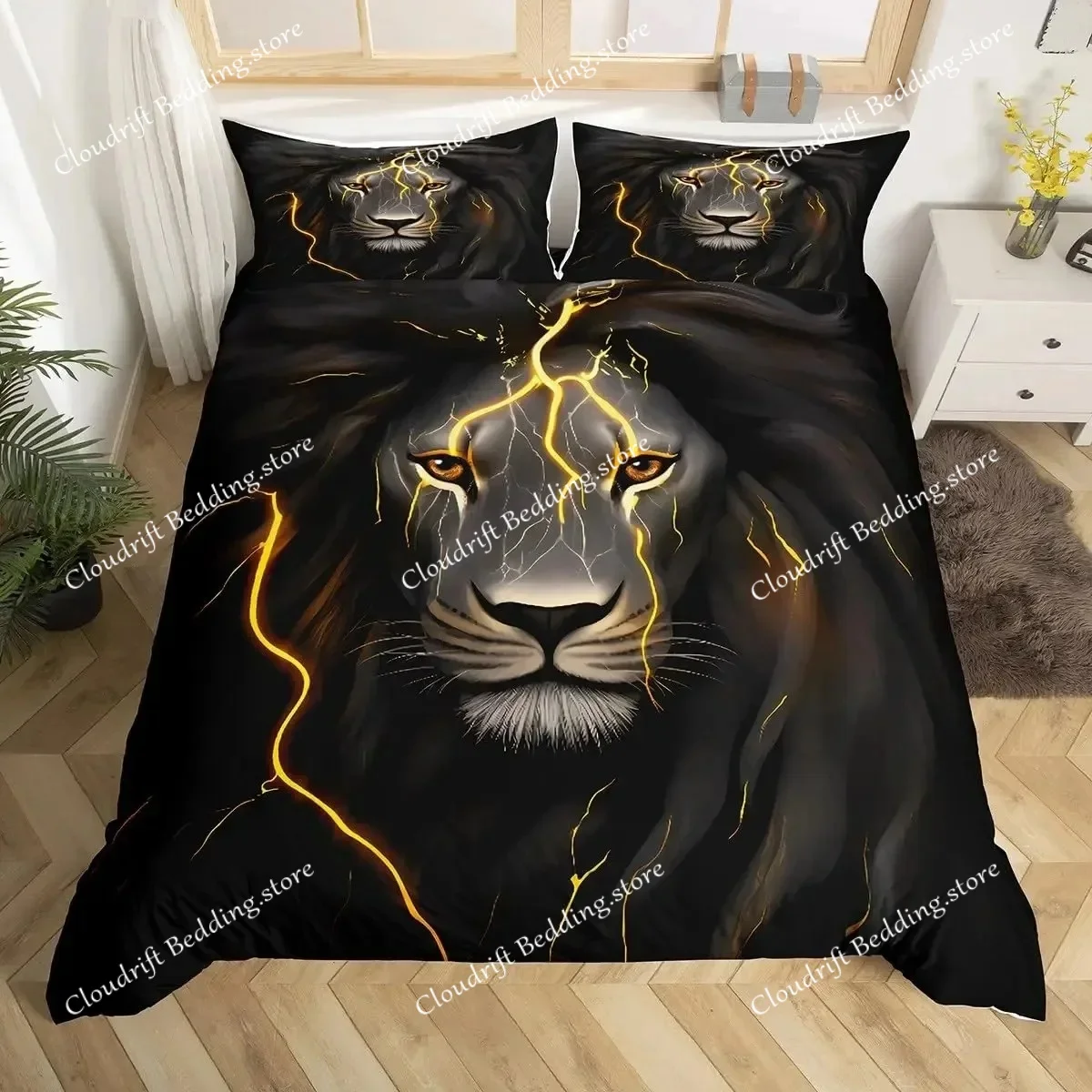 Lion Duvet Cover Set King Queen Hand Drawn Animal Bedding Set Graffiti Abstract Art Quilt Cover Wildlife Vintage Comforter Cover