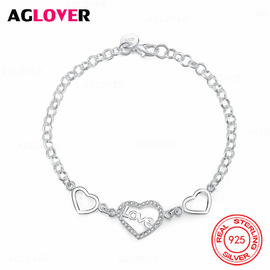 

AGLOVER 925 Sterling Silver Three Love Zircon Bracelet Exquisite Fashion Women Holiday Gift Jewelry