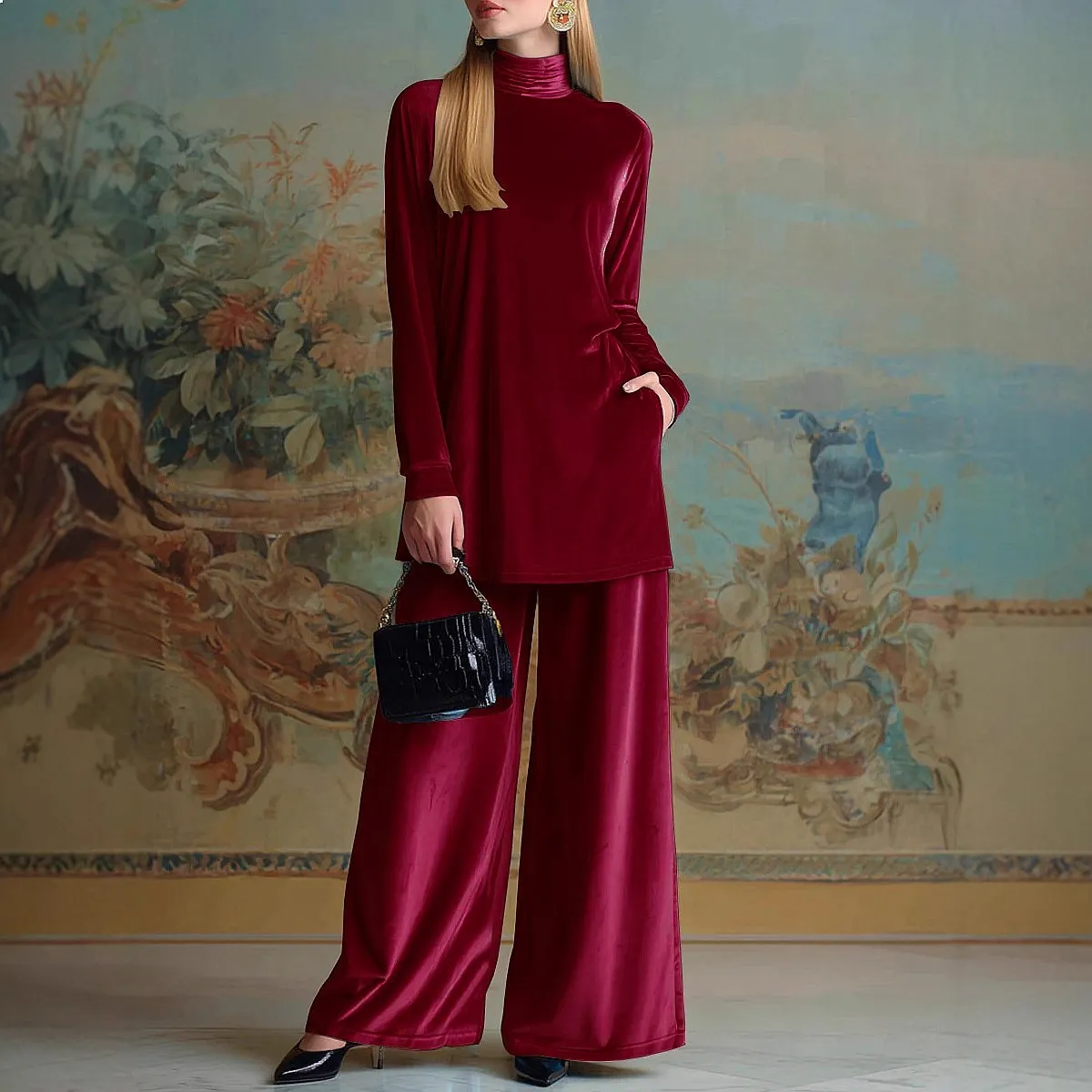 Velvet High Neck Split Top Wide Leg Pants Matching Set Jumpsuit Playsuit