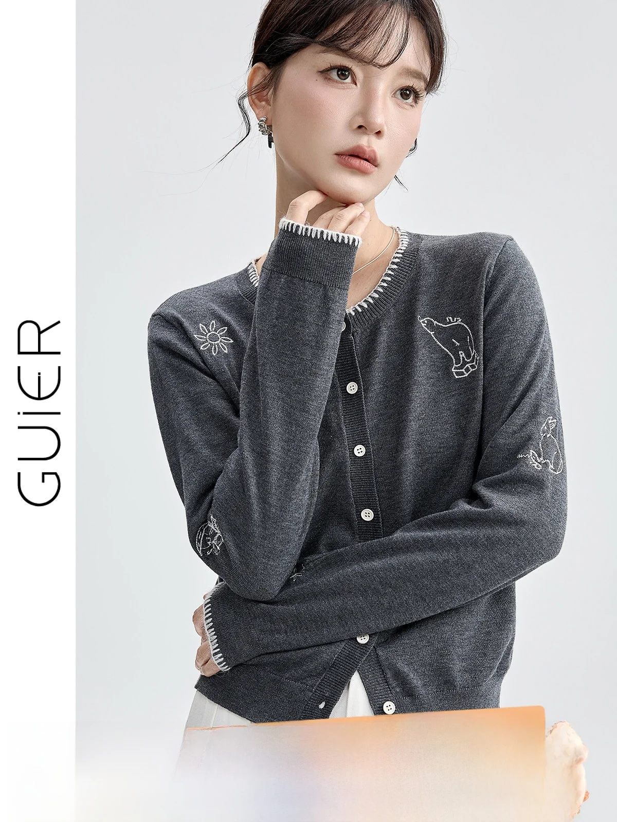 

Guier круглый вязаный открытый кардиган женский модный облегающий топ с вышивкой в стиле ретро, высокое качество, осеннее новое поступление