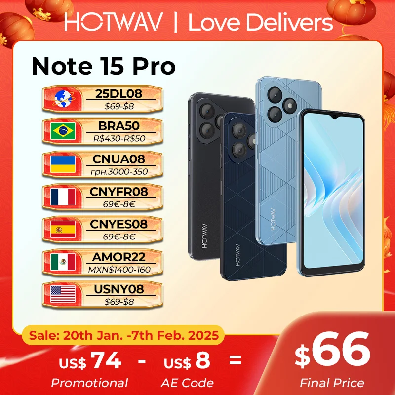 New HOTWAV Note 15 Pro Mobile Phone 6.6'' HD+ Android 14 12(4+8)GB+128GB Cellphone 13MP 5160mAh 8.9mm Ultra-Thin Smartphone