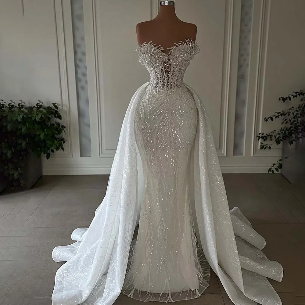 Customized  Sweetheart Shinny Beads Sequins See Through Mermaid Wedding Dress With Detachable Skirt Robe De Mariée Bridal Gown