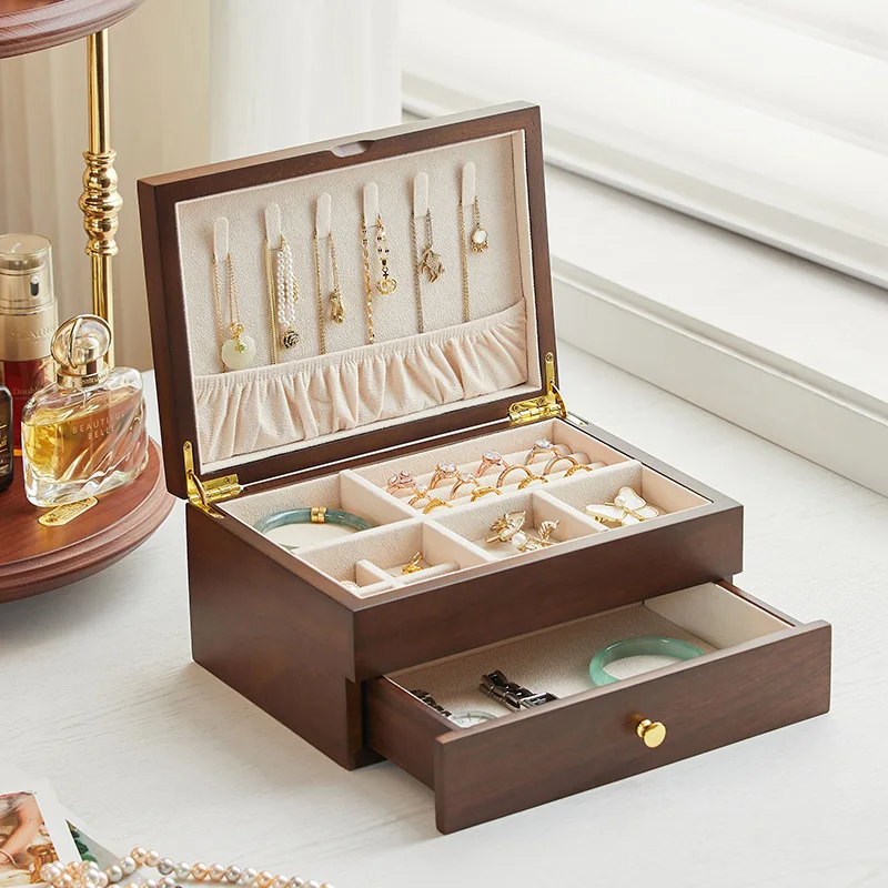

Necklace Jewelry Storage Box Double Layer Jewellery Organizer Boxes Watches Bracelet Display Case Retro Ring Organizer Cases