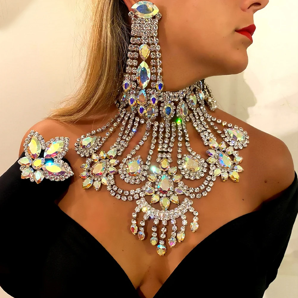 Exaggerate Drop Necklace Earring Ring 3pc/Set Luxury Oversize Drag Queen Accessories Rhinestone Jewelry Set Large for Women 2023