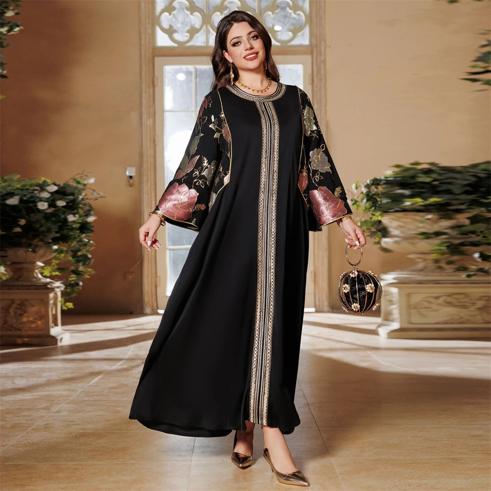 

Muslim Abaya Colorful Sequins Flowers Embroidery Dress Women Loose Pullover Robe Gold Trimming Jalabiya Elegant Kaftan