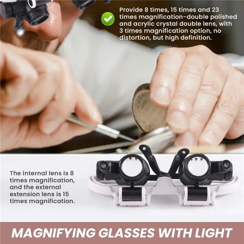 9892H-1 Spectacle Magnifier Multifunctional Headband Magnifying Glasses With Light With 8X 15X 23X Lens