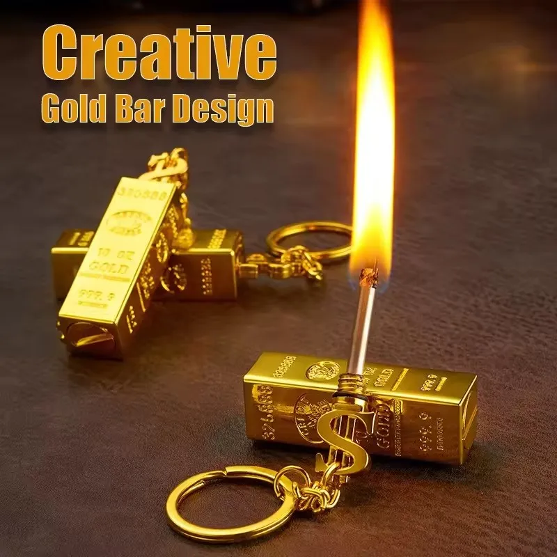 Creative Gold Bar Shaped Metal Lighter With Key Chain Sealed Can Be Filled Waterproof Match Lighter Smoking Accessories Man Gift