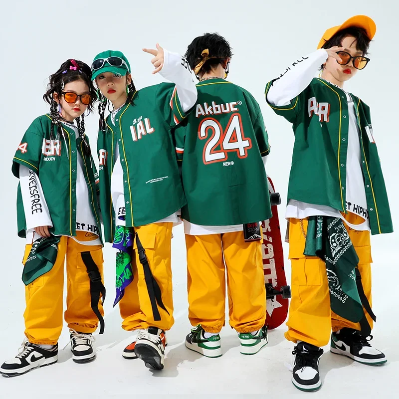 

Hip Hop Kids Green Baseball Jacket Solid Cargo Pants Boys Girls Cool Streetwear Children Jazz Clothes Sets Street Dance Costumes
