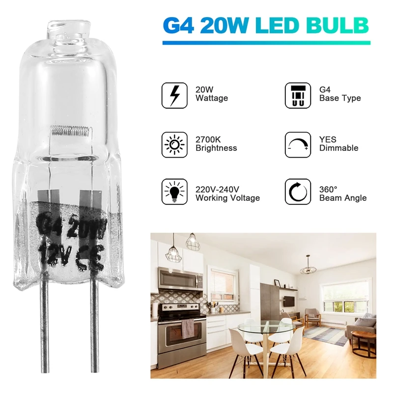 20 Pcs G4 Halogen Bulbs,20W 12V Halogen Light Bulbs 2 Pin Clear Lamp Bulb,For Cooker Lighting,Signal Lights,Track