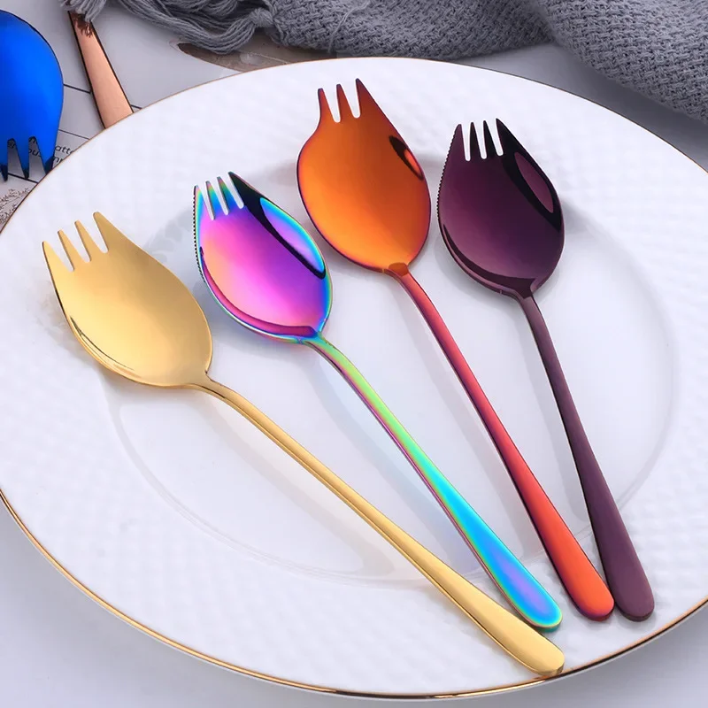 Creative Design Kitchen Tableware Tools 3 in 1 Stainless Steel Colorful Sporks Dessert Fork Spoon Noodles Salad Fruit Utensils