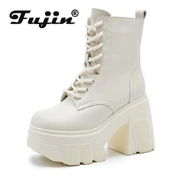 Fujin 11cm nuove donne in pelle microfibra alta marca ZIP aumentare stivaletti Casual pompe tacchi scarpe bianche scarpe con zeppa piattaforma