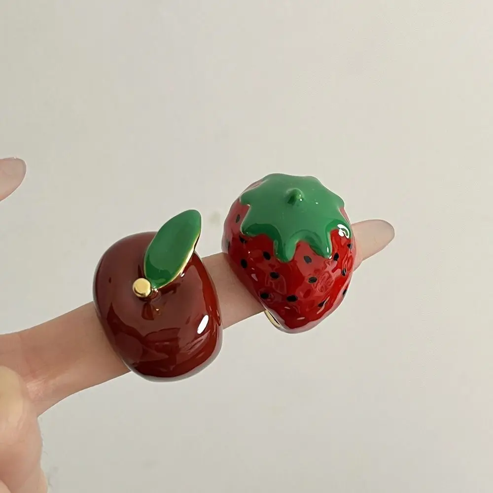

Fashion Design Strawberry Drip Oil Ring Geometric Korean Style Painting Ring Minority Design Alloy Fruit Enamel Ring Decoration