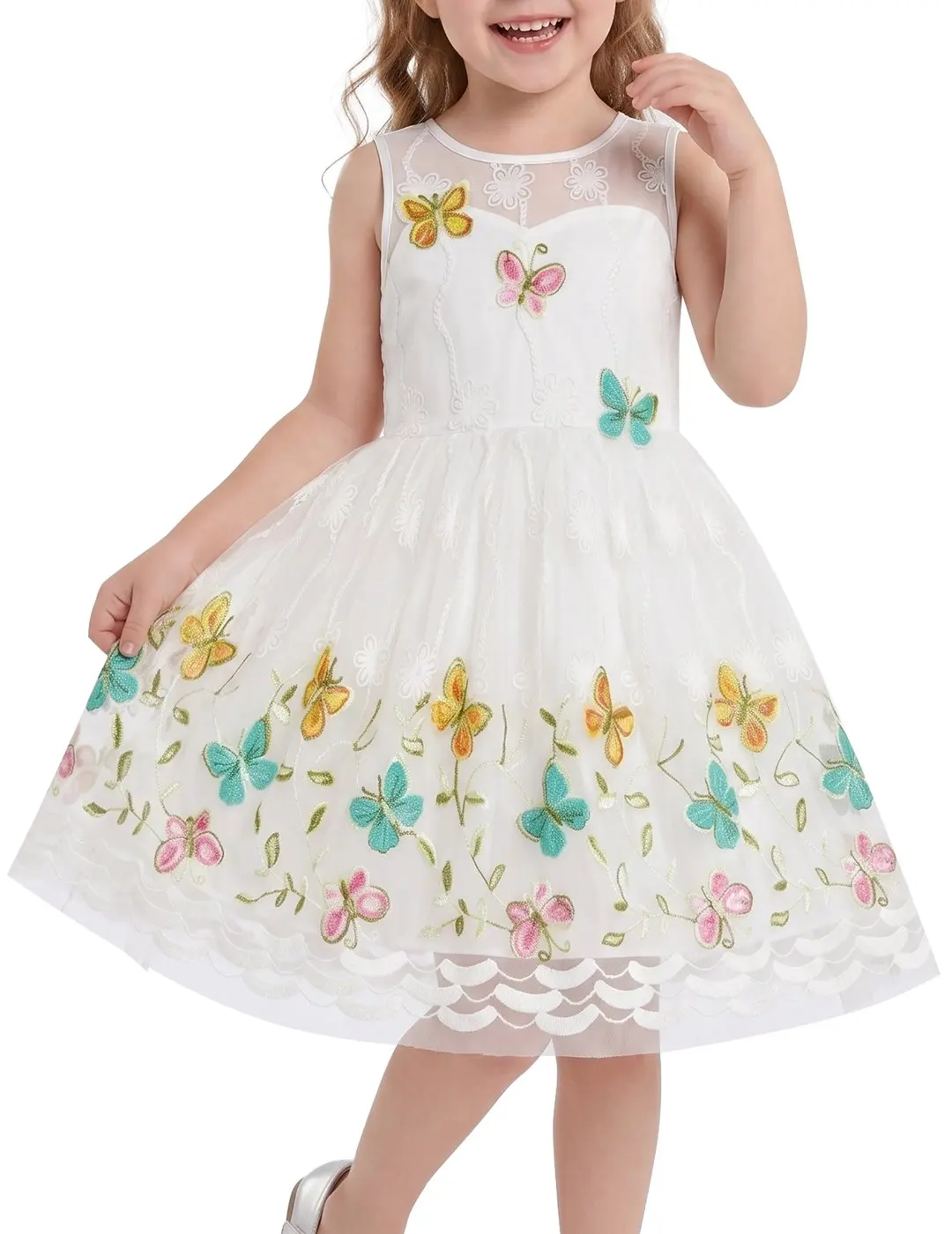 Girls Dress White Butterfly Embroidered Sleeveless Garden Party Wedding Spring Summer Dress