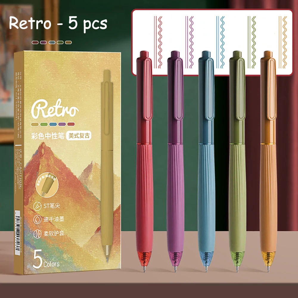 5pcs Multi Color Gel Pens Set Cream/Retro/Morandi 0.5mm Ballpoint Quick-dry Ink for Writing School