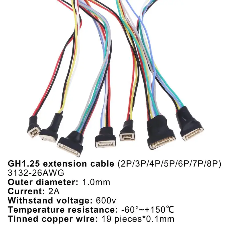 Extension Cable 5Pcs GH1.25 Wt Latch 20cm Female Male 26AWG Silicon JST GHR-15V-S SSHL-002T-P0.2 Crimp 2-8P High Temp Gift